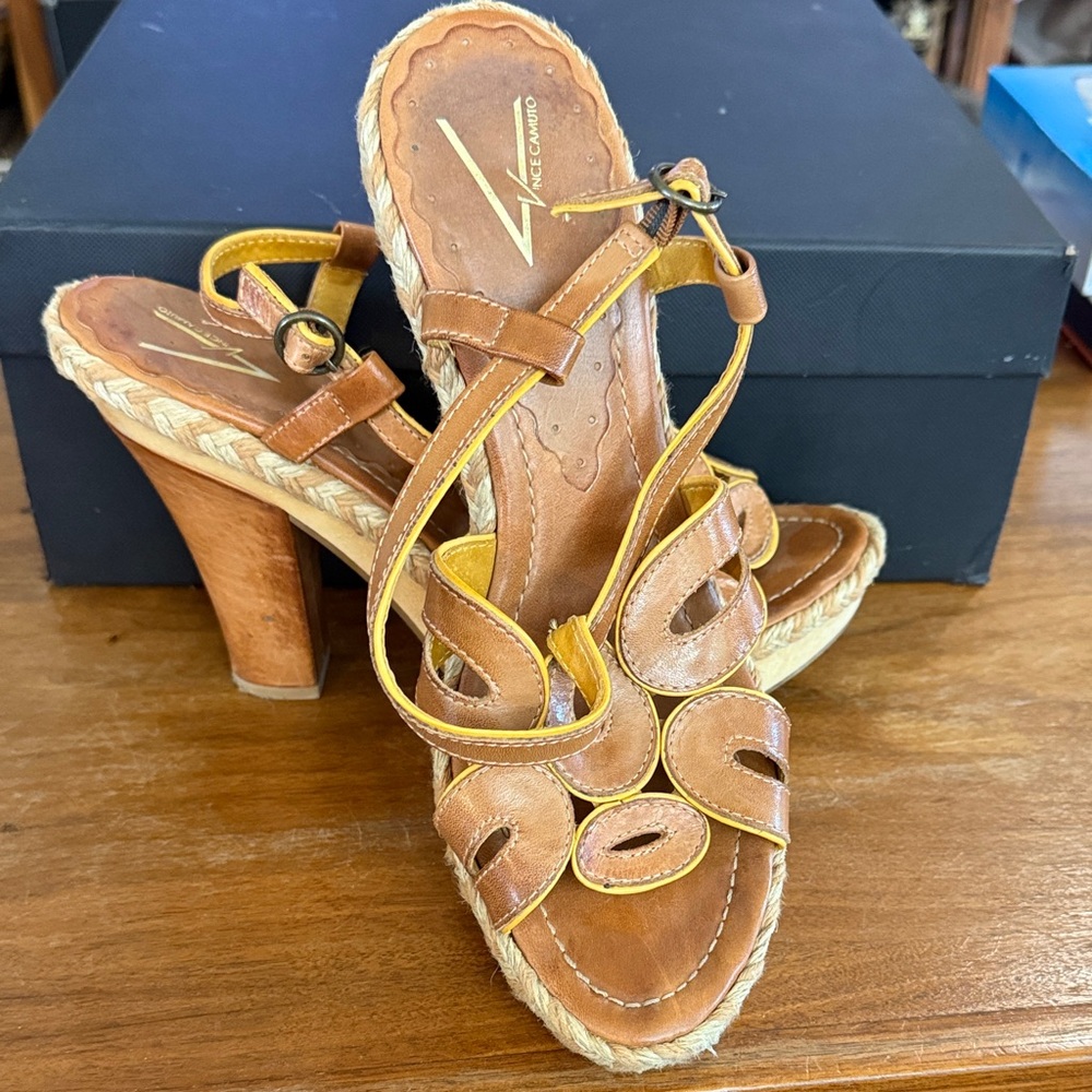 Brown and Yellow Women's Heeled Sandals